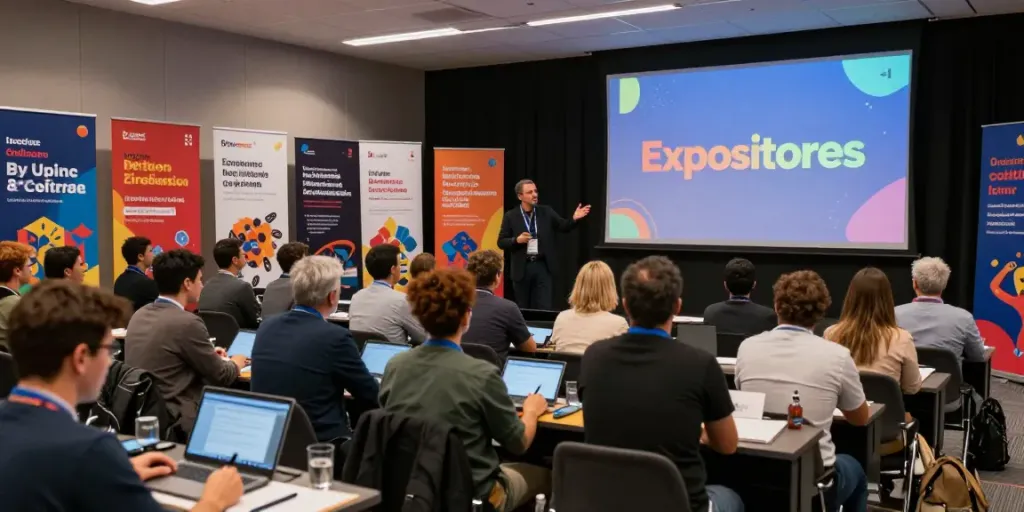 Diverse speakers at an Expositores conference engaging with enthusiastic attendees.