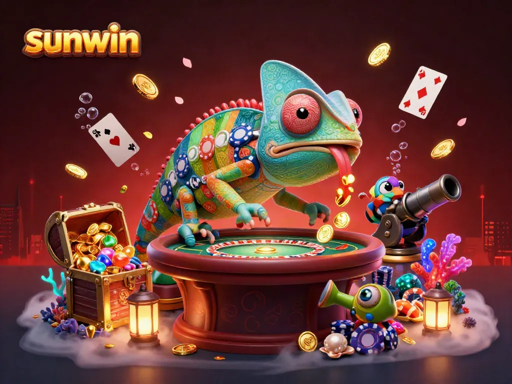 Engage with the vibrant world of sunwin, featuring a chameleon casino owner amidst colorful gems and dynamic game elements.