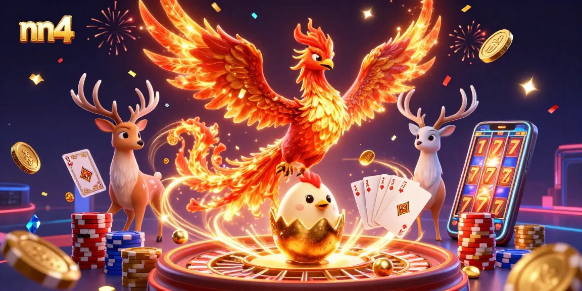Engage in the thrill of gaming with nn4, featuring a phoenix, roulette, and coins.