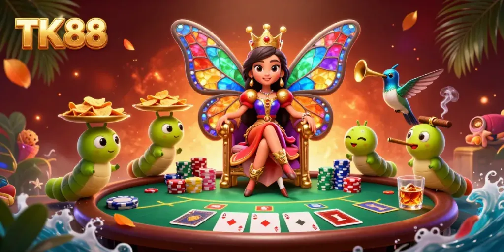 Experience immersive casino fun with TK 88's vibrant butterfly queen and poker elements in a dynamic scene.