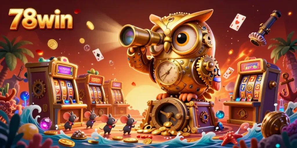 Experience the excitement at 78win with colorful gaming elements and ornate characters in a dynamic casino setting.