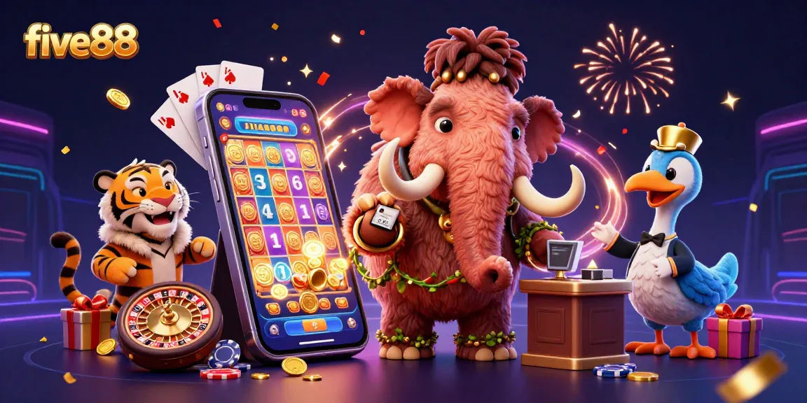 Experience excitement with five88's vibrant 3D casino scene featuring a mammoth bouncer and a saber-tooth tiger VIP.