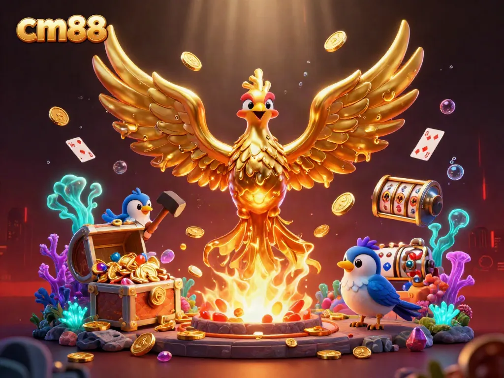 Experience winning at cm88 with a golden phoenix and exciting casino elements in this dynamic illustration.