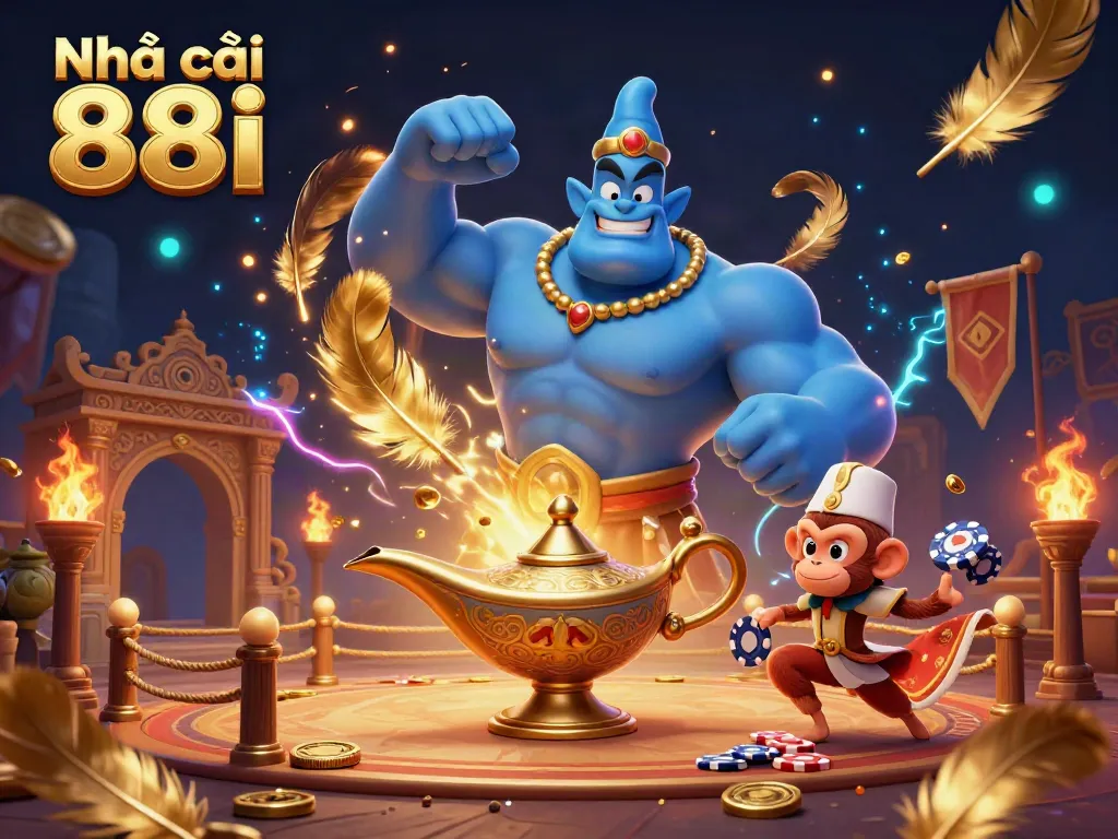 Engage with the thrilling magic of Nhà cái 88i as a genie brings luck and excitement in a vibrant casino.