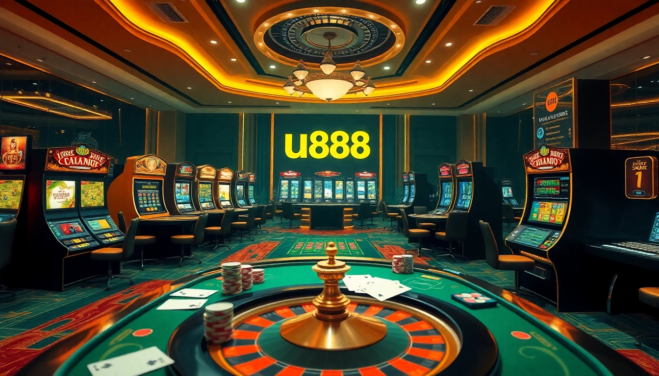 Experience the excitement of u8888 gaming with vibrant casino tables, lively poker chips, and spinning roulette wheels.