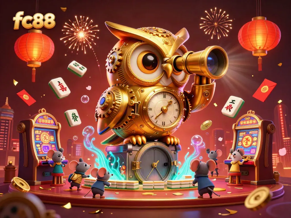Experience the thrilling casino atmosphere of fc88 with a clockwork owl and vibrant gaming elements.