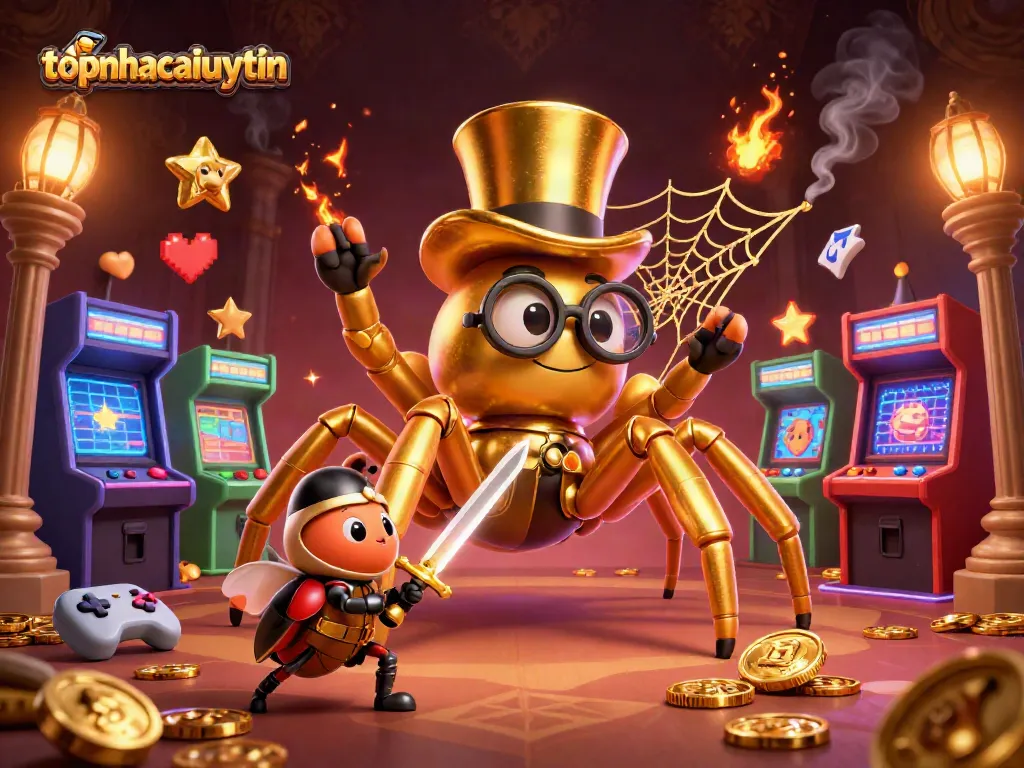 Experience thrilling gameplay with topnhacaiuytin, showcasing a giant golden tarantula and an adventurous beetle knight.