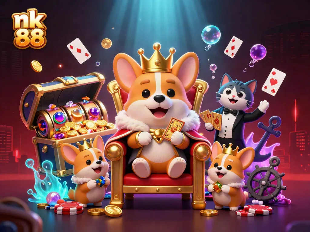 Experience the excitement of nk 88 with a vibrant 3D casino kingdom featuring corgis and dynamic slot elements.