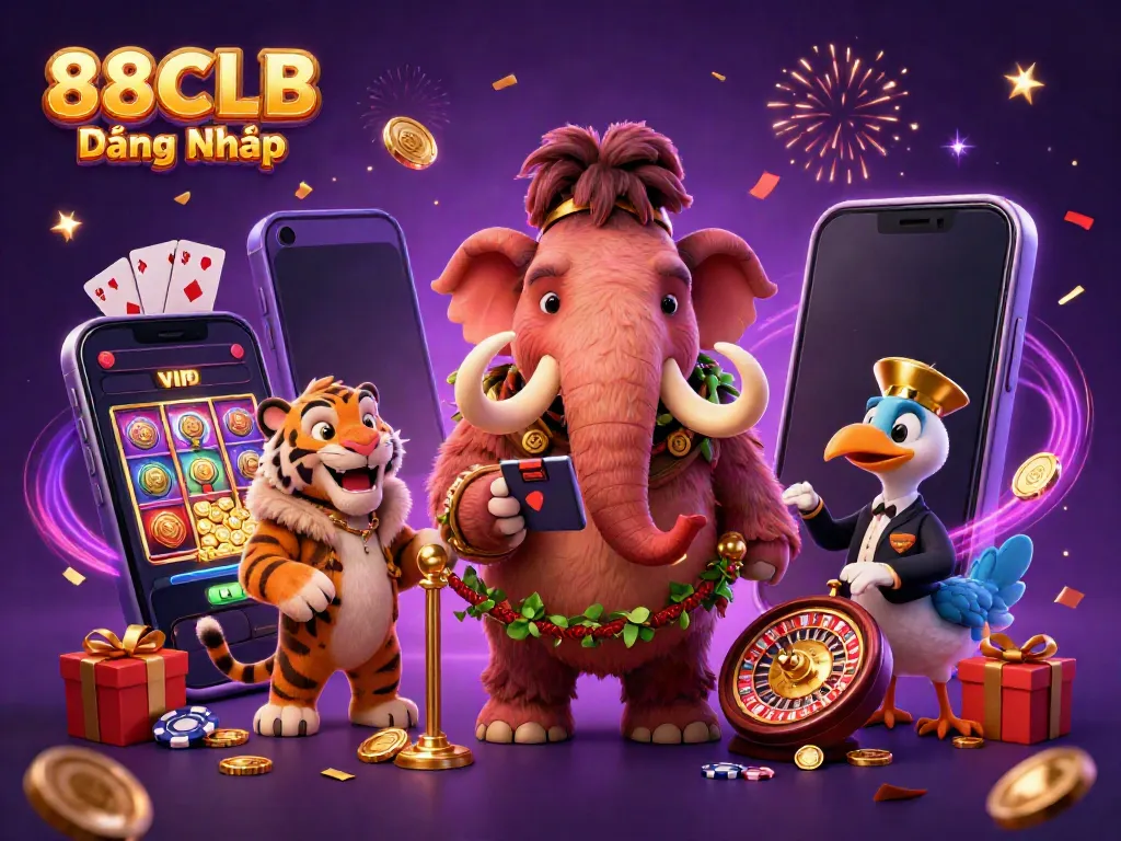 Experience thrills with 88CLB Đăng Nhập, featuring characters at a vibrant casino entrance.