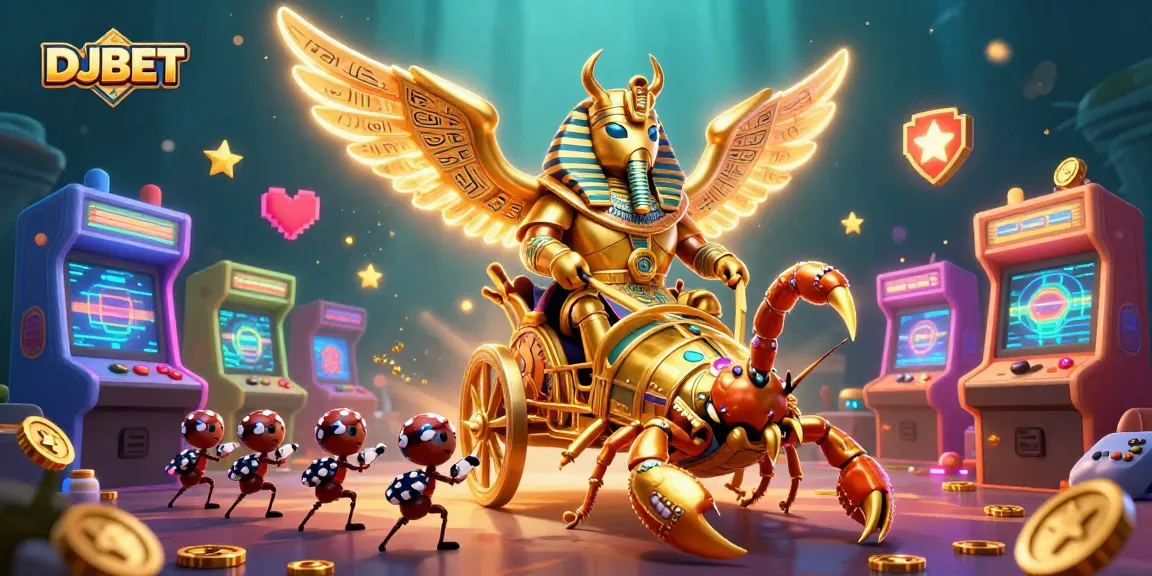 DJBET showcases a vibrant 3D casino scene featuring a golden scarab beetle and scorpions amidst colorful arcade elements.