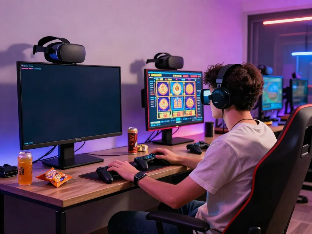 Engaging Slot88 gaming environment with a player enjoying an online slot session, modern decor, and vibrant lighting.