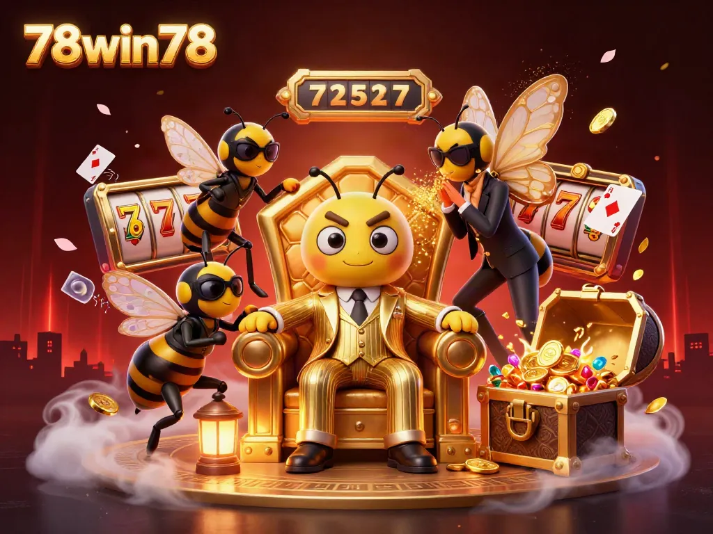 Experience the thrill of 78win78 with a bumblebee mob boss in a vibrant casino scene full of slot reels and jackpots.