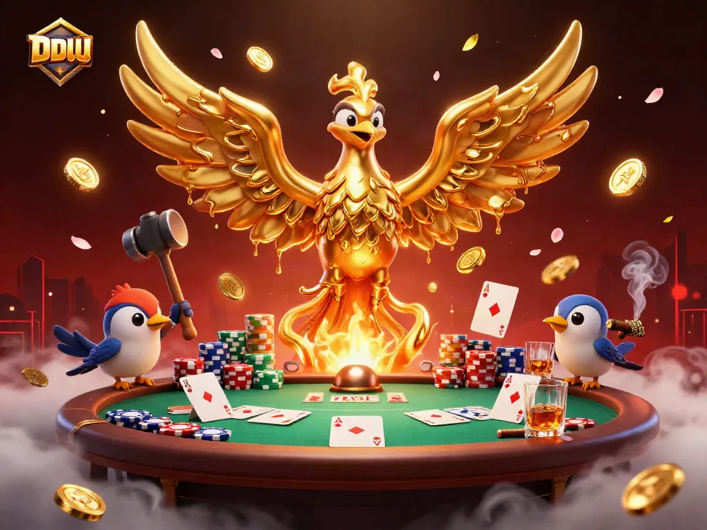 Experience thrilling DDUU casino action with a golden phoenix and poker elements.