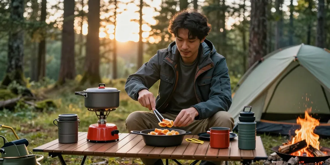 Camping enthusiast with ROKOK88 gear cooking outdoors, showcasing adventure essentials.