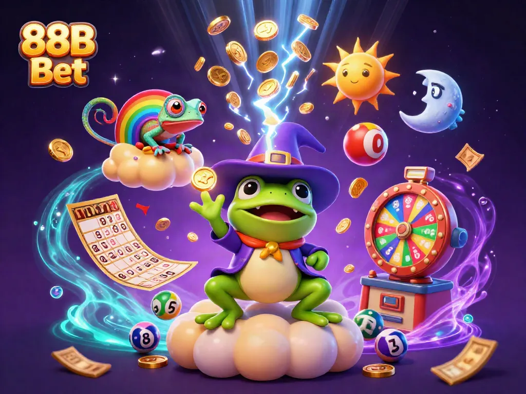 Witness the exciting scene of 88B Bet with vibrant characters and dynamic casino elements.