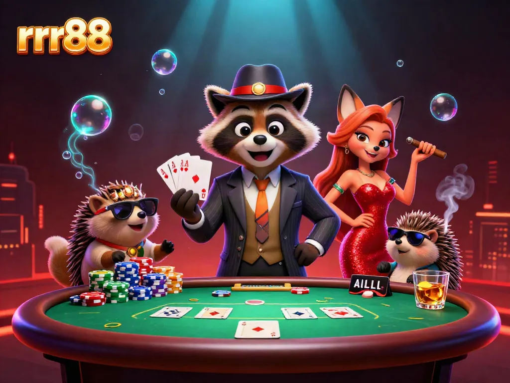 Join the excitement at rrr88 with a suave raccoon and elegant fox surrounded by poker chips and cards.