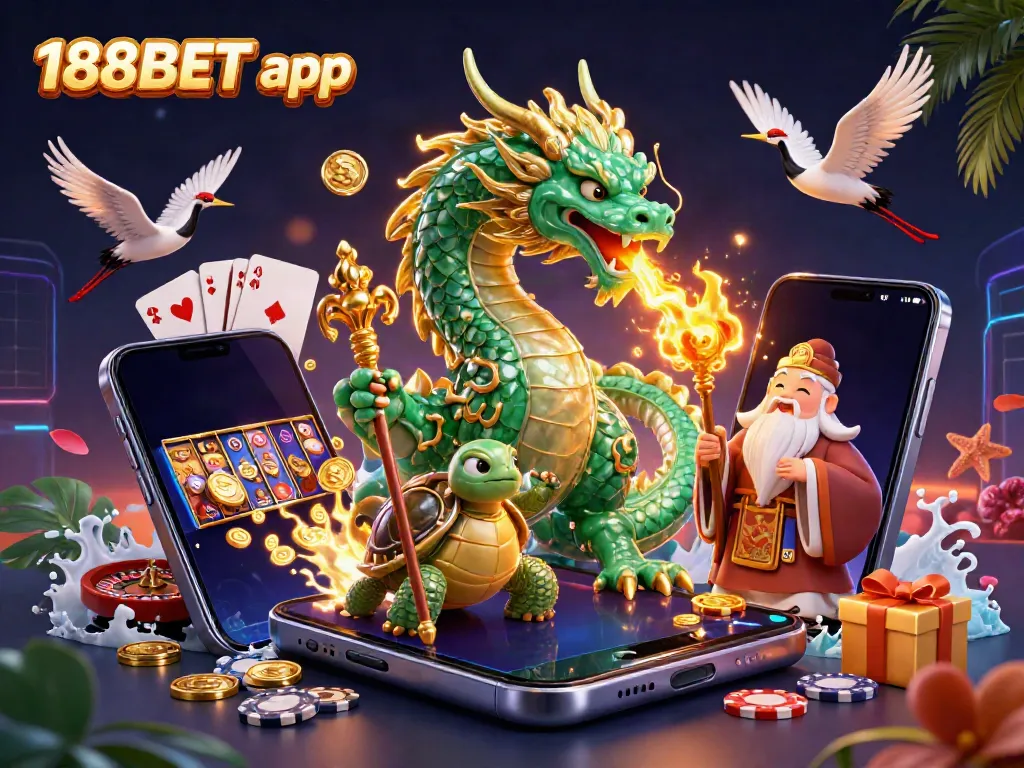 Engage with the 188BET app featuring a dragon, turtle sage, and lucky cranes in a vibrant casino scene.