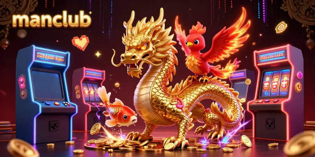 Experience thrilling jackpots with Manclub's vibrant 3D imagery showcasing golden treasures and gaming excitement.