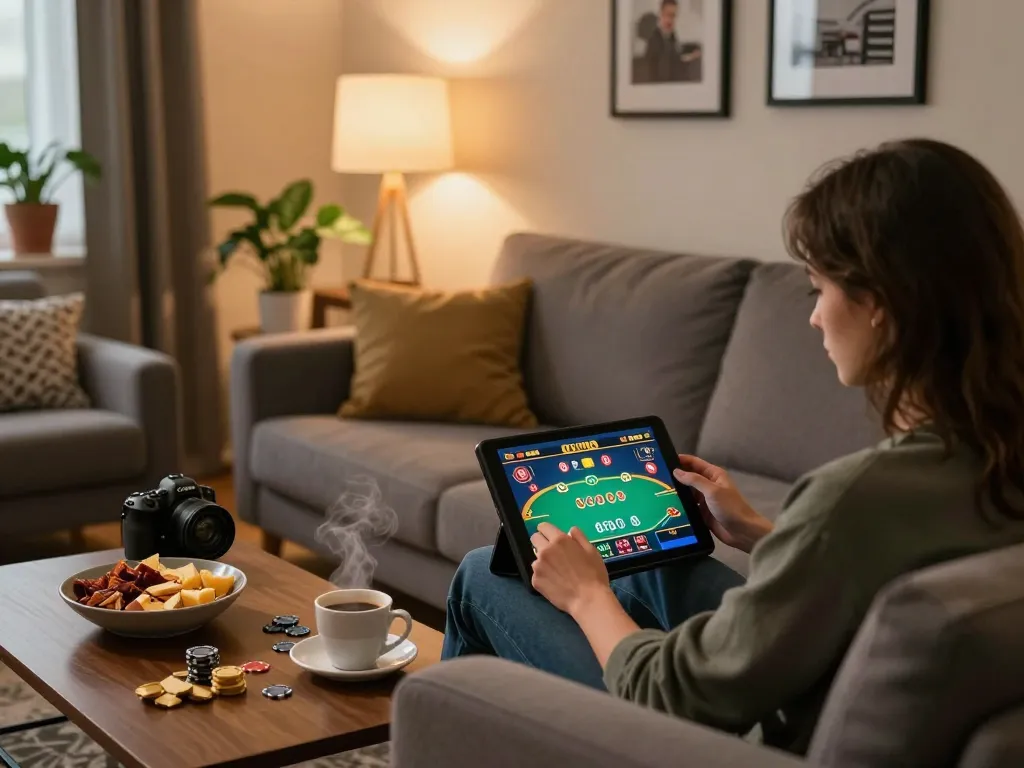 Engaged player enjoying 559X online poker from home, tablet screen displaying gameplay.