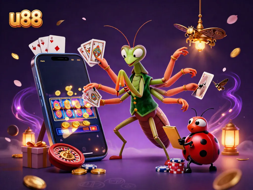 Experience thrilling gameplay with u88, featuring a giant praying mantis card sharp at a lively casino.