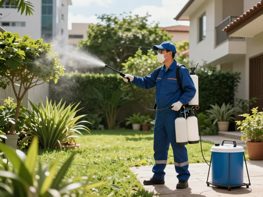 Dedetizadora technician performing pest control in São Paulo garden with professional equipment.