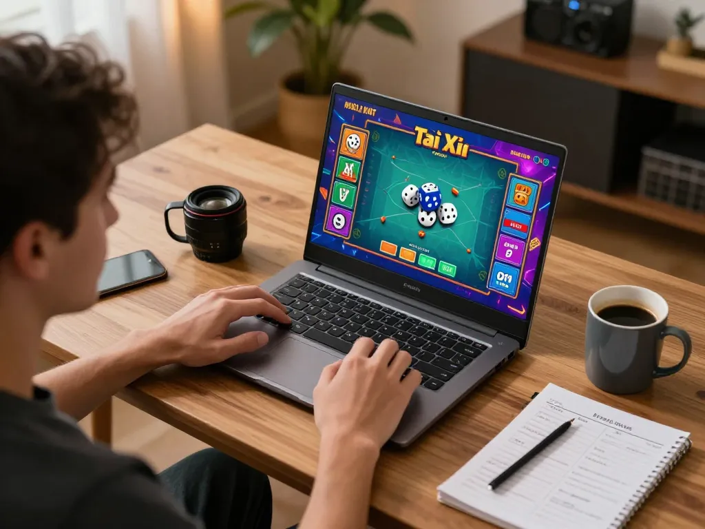 Tài Xỉu game displayed on laptop while player enjoys a comfortable home setting