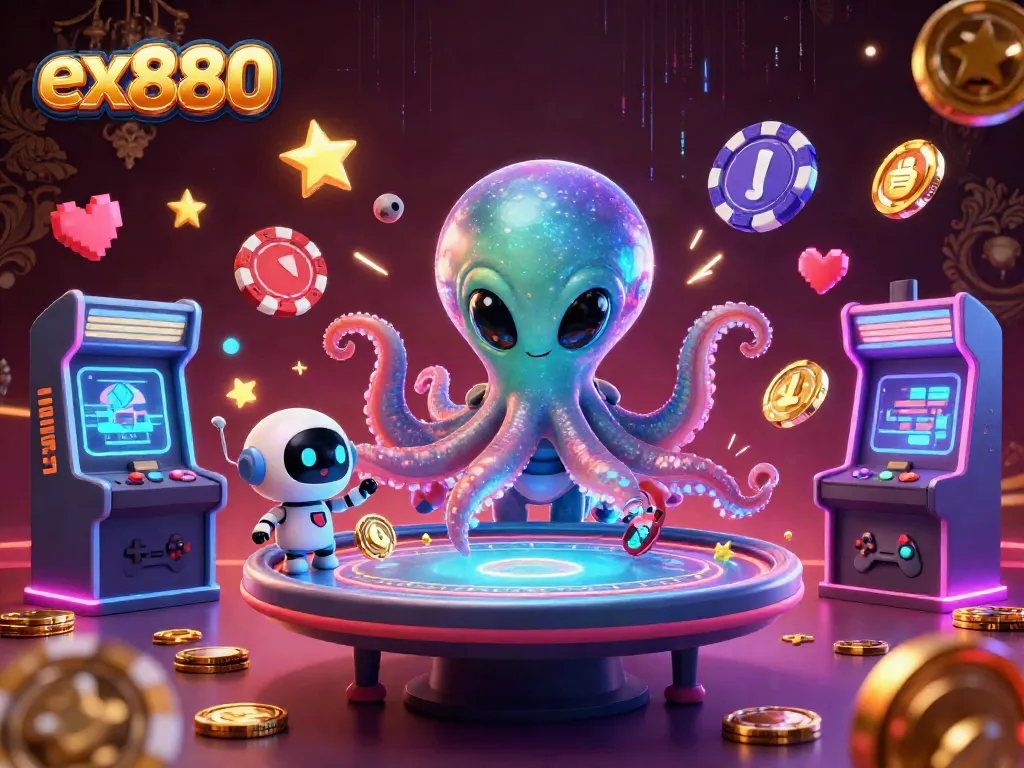 Engage in thrilling poker action with ex880's alien octopus and robot in a vibrant casino setting.