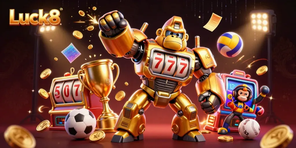 Experience thrilling gaming with Luck8's vibrant, dynamic 3D illustration of a transformational gaming mech surrounded by casino-themed sports elements.