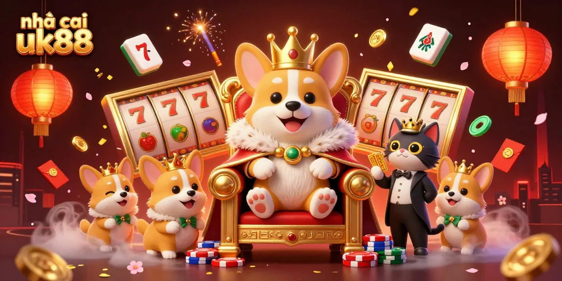Experience the thrill of nhà cái uk88 with vibrant slot reels and charming characters in an engaging casino scene.
