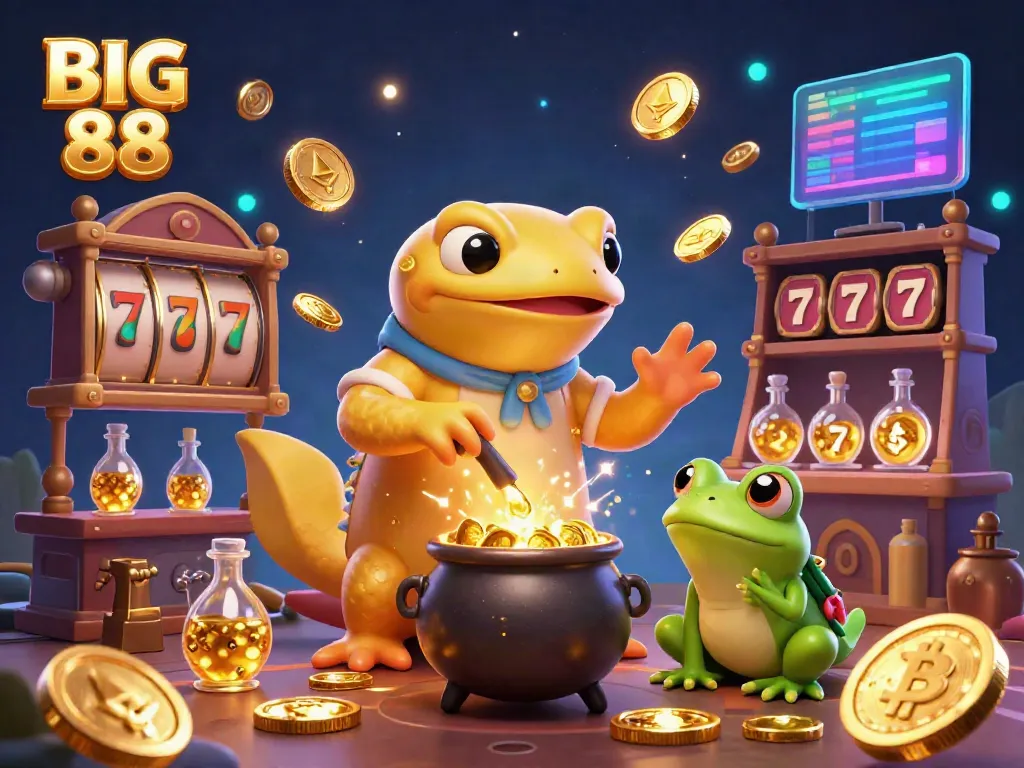 Witness the magical world of BIG 88 as a giant salamander alchemist turns metal into gold coins in a vibrant casino.
