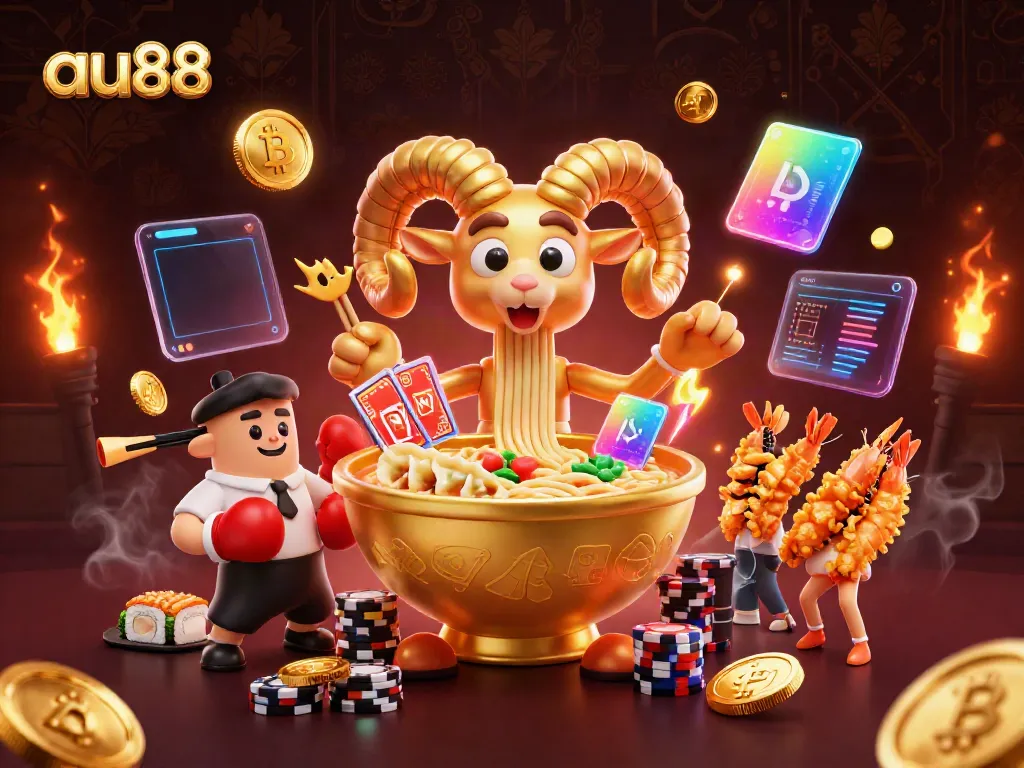 Play thrilling games at au88 with a vibrant 3D scene showcasing animated casino characters and crypto elements.