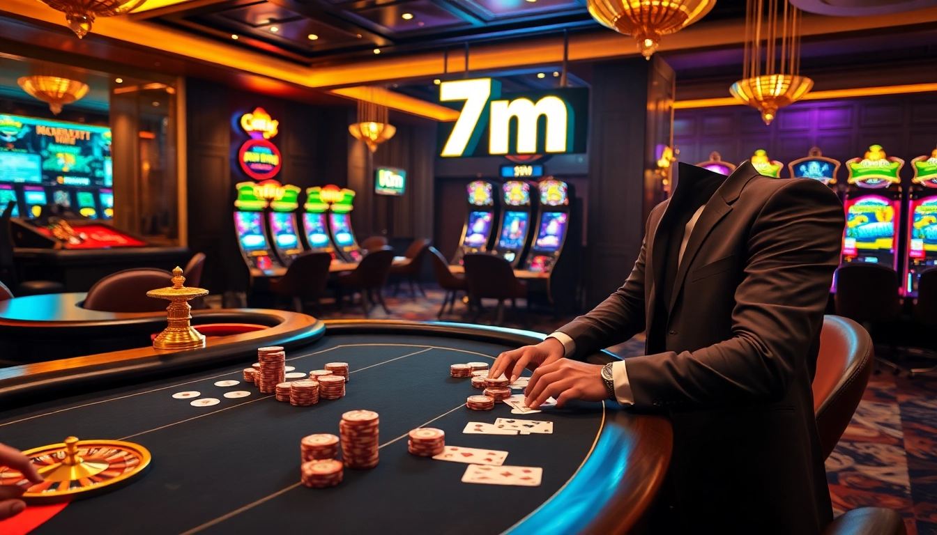Experience the thrill of gambling with 7m chips at an upscale poker table surrounded by vibrant slot machines.