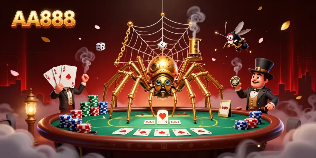 Engage in thrilling gameplay at AA888 with a steampunk spider and poker chips in a dynamic casino scene.