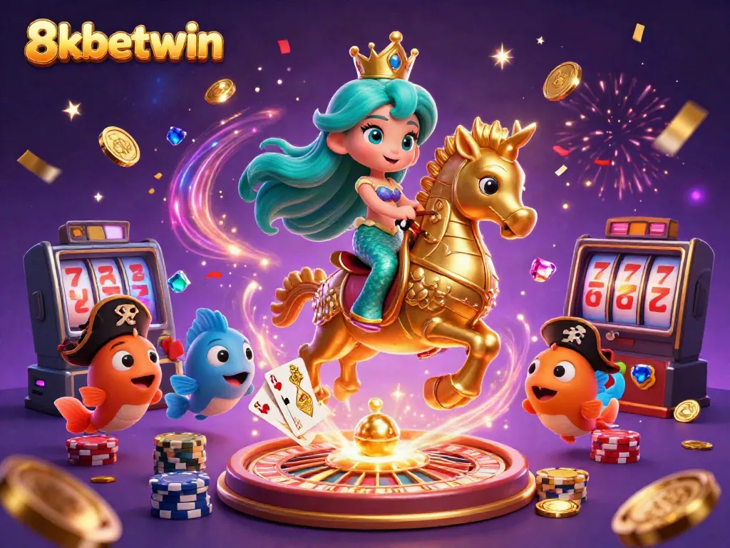 Experience the enchanting 8xbetwin realm with a mermaid and seahorse amidst sparkling casino treasures.