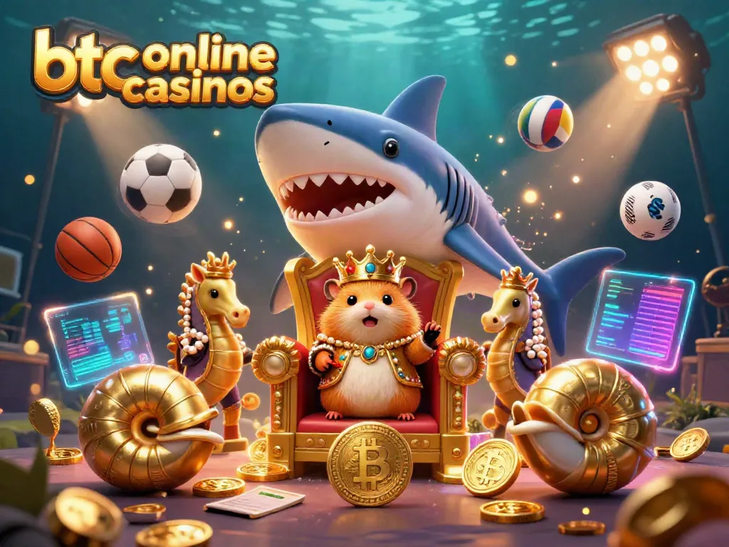 Experience btc online casinos with vibrant cartoon scene of a hamster king and crypto coins!