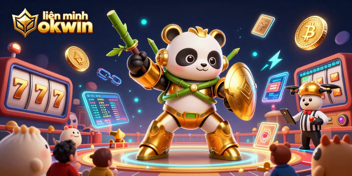 Experience excitement with liên minh okwin as dynamic robots and casino elements collide in vibrant 3D art.