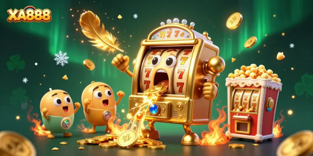 Spin the golden slot machine for a jackpot with XA888 in a vibrant casino scene filled with excitement.