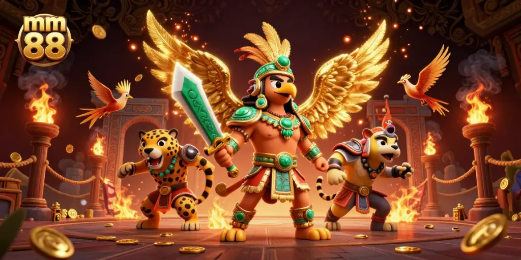 Experience thrilling gaming adventures at mm 88 with our exciting Aztec warriors in a vibrant casino setting.