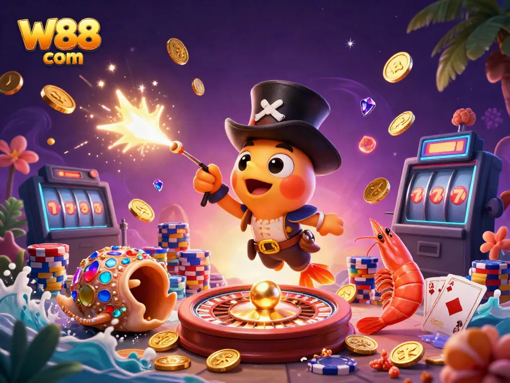 Experience the thrill of winning with W88 com in this vibrant underwater casino scene featuring dynamic characters and elements.