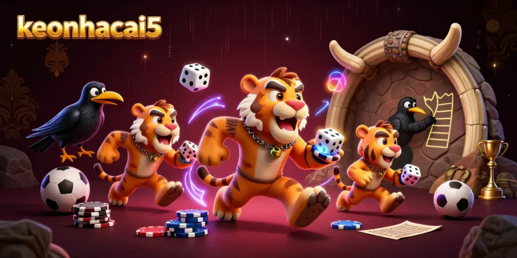Watch keonhacai5's unique prehistoric casino with caveman and tiger characters engaging in thrilling sports betting.
