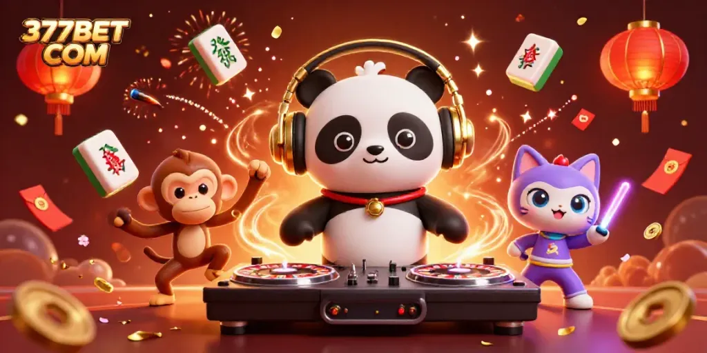Experience vibrant gaming with 377BET COM featuring a vibrant scene of a DJ panda, a dancing monkey, and a glowing kitten.