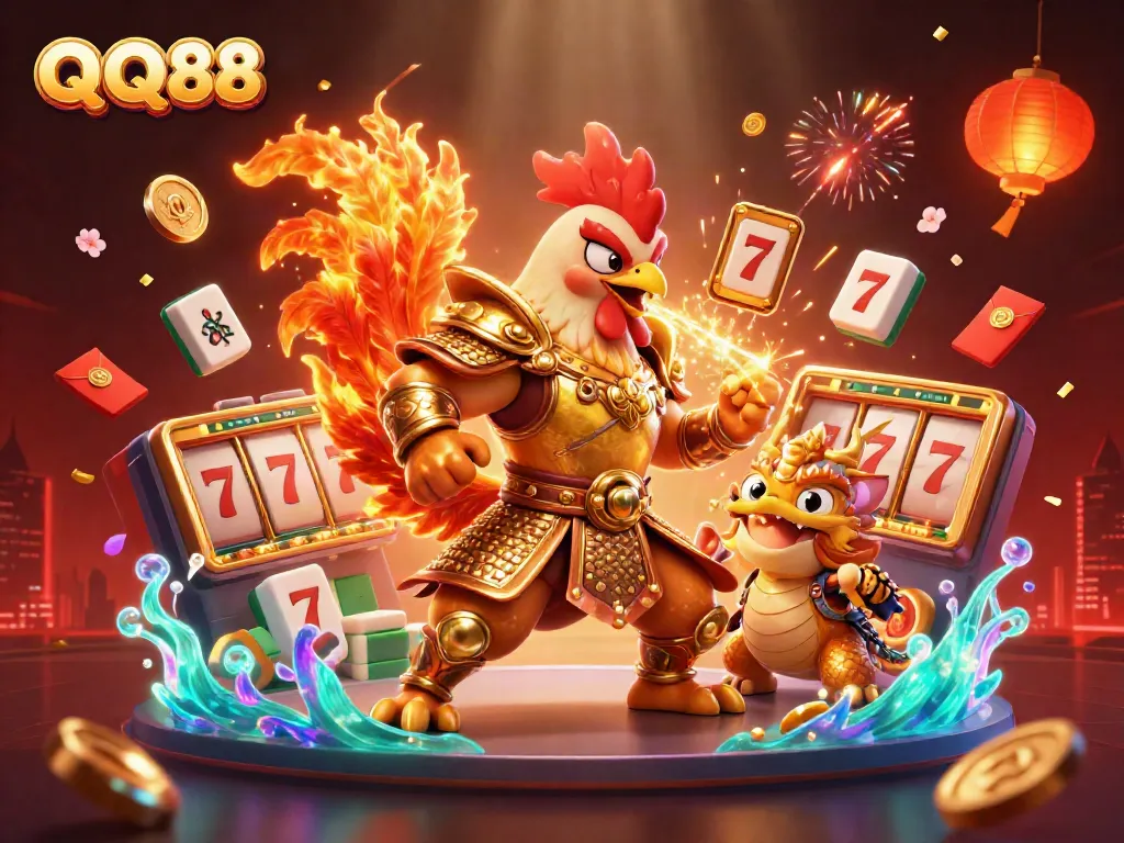 Engage in thrilling action at QQ88 with a fighting rooster and dragon, surrounded by casino symbols.