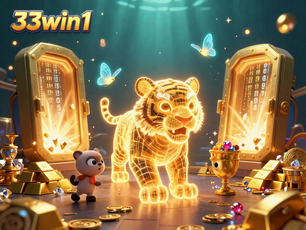 Engage in exhilarating digital casino adventures with 33win1's neon tiger illustration amid gold treasures.