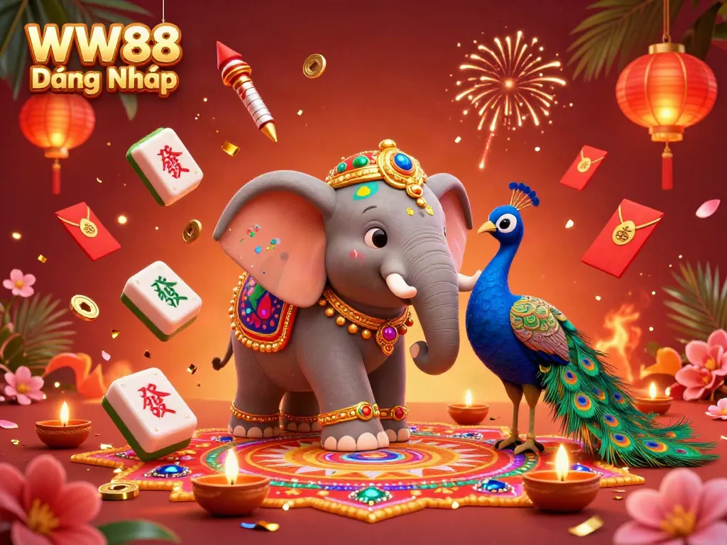 Engage with WW88 Đăng Nhập and immerse in a colorful casino atmosphere featuring a vibrant elephant and dynamic gaming symbols.