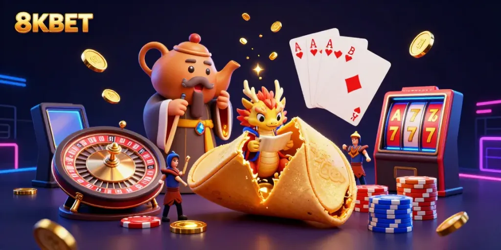 Experience the excitement of 8KBET with a vibrant casino illustration featuring a golden fortune cookie and dynamic gaming elements.