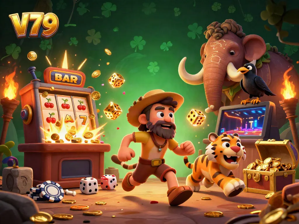 Experience the rich excitement of V79 in a prehistoric casino with game bursts and colorful visuals.