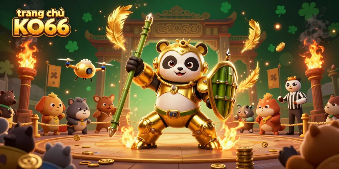 Place bets on trang chủ KO66 with an immersive 3D casino illustration featuring a golden panda and gaming elements.