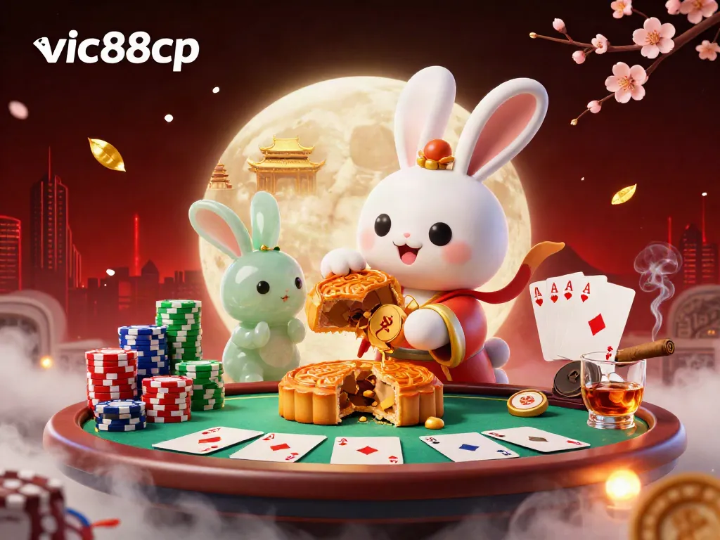 Experience the excitement of vic88cp with the moon rabbit revealing poker treasures in a vibrant casino scene.