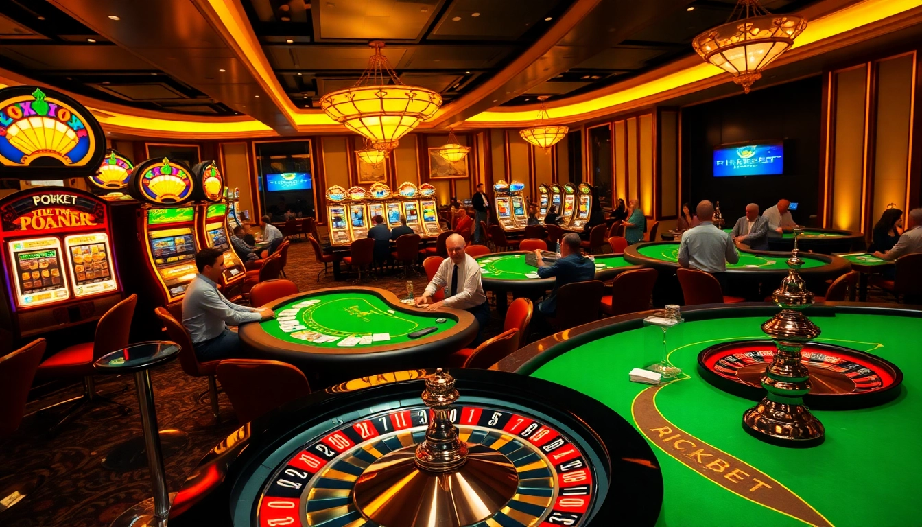 Rikbet players enjoying an exciting atmosphere at poker tables surrounded by vibrant slot machines.