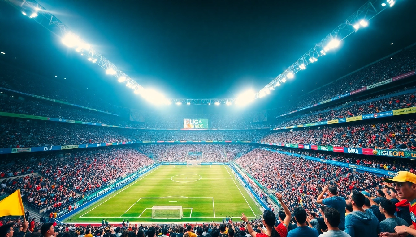 Exciting match scene of giải vô địch quốc gia mexico at a packed stadium, showcasing passionate fans and vibrant team colors.